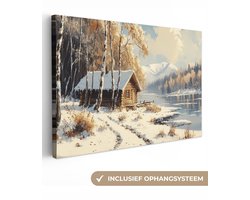 Canvas schilderij 150x100 cm - Wanddecoratie Winter - Sneeuw - Huis - Natuur - Muurdecoratie woonkamer - Slaapkamer decoratie - Kamer accessoires - Schilderijen op canvas