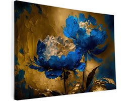 Canvas schilderij 150x100cm wanddecoratie abstract pioenrozen blauw/goud in velours fluweelzacht - "wanddecoratie pioenrozen" - "muurdecoratie woonkamer" - "canvas schilderij" - "interieurdesign" - "kunst aan de muur"