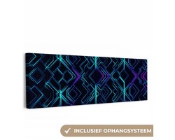 Canvas schilderij 150x50 cm - Exclusieve wanddecoratie Gaming - Ruitvormen - Abstract - Neon - Paars - Muurdecoratie game room - Gaming kamer decoratie - Gameroom accessoires - Schilderijen