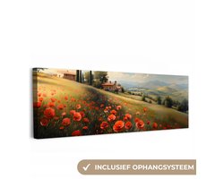 Canvas schilderij 150x50 cm - Exclusieve wanddecoratie Klaprozen - Rood - Heuvels - Landschap - Muurdecoratie woonkamer - Slaapkamer decoratie - Kamer accessoires - Schilderijen op canvas