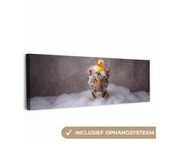 Canvas schilderij 150x50 cm - Exclusieve wanddecoratie Welpje - Bad - Geel - Muurdecoratie woonkamer - Slaapkamer decoratie - Kamer accessoires - Schilderijen op canvas