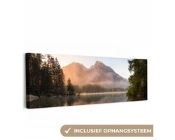Canvas schilderij 150x50 cm - Wanddecoratie Landschap - Mist - Water - Bomen - Muurdecoratie woonkamer - Slaapkamer decoratie - Kamer accessoires - Schilderijen op canvas