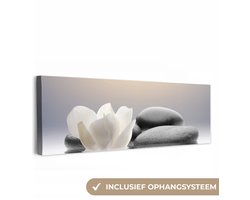 Canvas schilderij 150x50 cm - Wanddecoratie Stenen - Lotus - Wit - Water - Zen - Muurdecoratie woonkamer - Slaapkamer decoratie - Kamer accessoires - Schilderijen op canvas