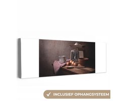 Canvas schilderij 150x50 cm - Wanddecoratie Stilleven - Koken - Weegschaal - Eieren - Keuken - Muurdecoratie woonkamer - Slaapkamer decoratie - Kamer accessoires - Schilderijen op canvas