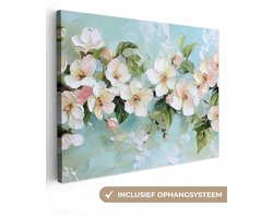 Canvas schilderij 160x120 cm - Exclusieve wanddecoratie Bloesem - Bladeren - Lichtblauw - Muurdecoratie woonkamer - Slaapkamer decoratie - Kamer accessoires - Schilderijen op canvas