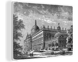 Canvas schilderij 160x120 cm - Wanddecoratie Een zwart-wit illustratie van het Slot Sanssouci in Potsdam - Muurdecoratie woonkamer - Slaapkamer decoratie - Kamer accessoires - Schilderijen