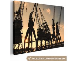 Canvas schilderij 160x120 cm - Wanddecoratie Oude kranen in de haven - Muurdecoratie woonkamer - Slaapkamer decoratie - Kamer accessoires - Schilderijen