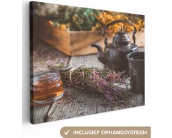 Canvas schilderij 160x120 cm - Wanddecoratie Thee - Theepot - Kruiden - Muurdecoratie woonkamer - Slaapkamer decoratie - Kamer accessoires - Schilderijen