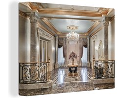 Canvas schilderij 160x120 cm - Wanddecoratie Villa met een marmeren vloer en een kroonluchter - Muurdecoratie woonkamer - Slaapkamer decoratie - Kamer accessoires - Schilderijen op canvas