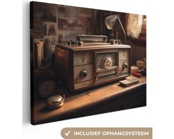 Canvas schilderij 160x120 cm - Wanddecoratie Vintage - Radio - Oud - Bureau - Lamp - Muurdecoratie woonkamer - Slaapkamer decoratie - Kamer accessoires - Schilderijen
