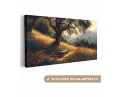 Canvas schilderij 160x80 cm - Exclusieve wanddecoratie Bankje - Boom - Klaprozen - Heuvels - Muurdecoratie woonkamer - Slaapkamer decoratie - Kamer accessoires - Schilderijen op canvas