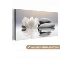 Canvas schilderij 160x80 cm - Wanddecoratie badkamer Stenen - Lotus - Wit - Water - Zen - Muurdecoratie WC - Decoratieve accessoires - Toilet muur decoratie - Schilderijen op canvas