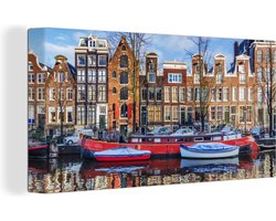Canvas schilderij 160x80 cm - Wanddecoratie Kanaal in Amsterdam - Muurdecoratie woonkamer - Slaapkamer decoratie - Kamer accessoires - Schilderijen