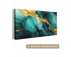 Canvas schilderij 160x80 cm - Wanddecoratie Marmer - Goud - Blauw groen - Abstract - Turquoise - Muurdecoratie woonkamer - Slaapkamer decoratie - Kamer accessoires - Schilderijen op canvas