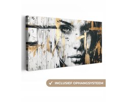 Canvas schilderij 160x80 cm - Wanddecoratie Portret - Vrouw - Penseelstreken - Goud - Muurdecoratie woonkamer - Slaapkamer decoratie - Kamer accessoires - Schilderijen op canvas