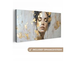 Canvas schilderij 160x80 cm - Wanddecoratie Sierlijk - Vrouw - Goud - Ogen - Muurdecoratie woonkamer - Slaapkamer decoratie - Kamer accessoires - Schilderijen op canvas