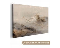 Canvas schilderij 180x120 cm - Exclusieve wanddecoratie Berglandschap - Mist - Penseelstreken - Muurdecoratie woonkamer - Slaapkamer decoratie - Kamer accessoires - Schilderijen op canvas