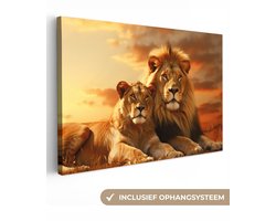 Canvas Schilderij 180x120 cm - Leeuwen - Zonsondergang - Afrika - Savanne - Dieren - Wanddecoratie woonkamer - Kamer decoratie - Slaapkamer accessoires - Wanddoek binnen - Schilderijen