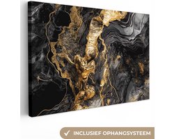Canvas schilderij 180x120 cm - Marmer zwart goud - Kamer decoratie accessoires - Schilderijen woonkamer - Zwarte wanddecoratie slaapkamer - Gouden muurdecoratie keuken - Wanddoek interieur binnen - Woondecoratie huis