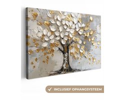 Canvas schilderij 180x120 cm - Wanddecoratie Boom - Beige - Grijs - Goud - Abstract - Muurdecoratie woonkamer - Slaapkamer decoratie - Kamer accessoires - Schilderijen op canvas