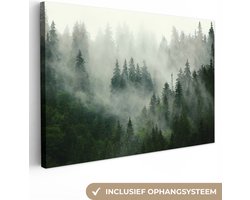 Canvas schilderij 180x120 cm - Wanddecoratie Bos - Mist - Bomen - Natuur - Muurdecoratie woonkamer - Slaapkamer decoratie - Kamer accessoires - Schilderijen op canvas