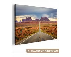 Canvas schilderij 180x120 cm - Wanddecoratie Foto van een weg in Monument Valley - Muurdecoratie woonkamer - Slaapkamer decoratie - Kamer accessoires - Schilderijen op canvas
