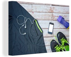 Canvas schilderij 180x120 cm - Wanddecoratie Het sportshirt en schoenen liggen klaar voor een training van fitness - Muurdecoratie woonkamer - Slaapkamer decoratie - Kamer accessoires - Schilderijen