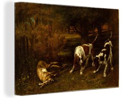Canvas schilderij 180x120 cm - Wanddecoratie Jachthonden met dode haas - Schilderij van Gustave Courbet - Muurdecoratie woonkamer - Slaapkamer decoratie - Kamer accessoires - Schilderijen