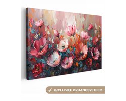 Canvas schilderij 180x120 cm - Wanddecoratie Klaprozen - Roze - Bloemen - Botanisch - Kunst - Muurdecoratie woonkamer - Kamer decoratie modern - Abstracte schilderijen