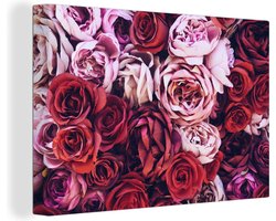 Canvas schilderij 180x120 cm - Wanddecoratie Rozen - Rood - Roze - Muurdecoratie woonkamer - Slaapkamer decoratie - Kamer accessoires - Schilderijen