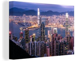 Canvas schilderij 180x120 cm - Wanddecoratie Stad - Berg - Hong kong - Muurdecoratie woonkamer - Slaapkamer decoratie - Kamer accessoires - Schilderijen