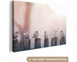 Canvas schilderij 180x120 cm - Wanddecoratie Vogels - Mussen - Paaltjes - Hout - Muurdecoratie woonkamer - Slaapkamer decoratie - Kamer accessoires - Schilderijen op canvas