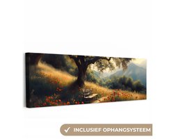 Canvas schilderij 180x60 cm - Exclusieve wanddecoratie Bankje - Boom - Klaprozen - Heuvels - Muurdecoratie woonkamer - Slaapkamer decoratie - Kamer accessoires - Schilderijen op canvas