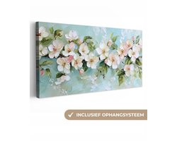 Canvas schilderij 200x100 cm - Exclusieve wanddecoratie Bloesem - Bladeren - Lichtblauw - Muurdecoratie woonkamer - Slaapkamer decoratie - Kamer accessoires - Schilderijen op canvas