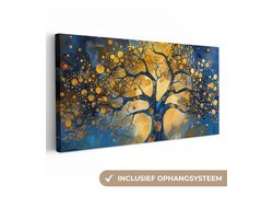 Canvas schilderij 200x100 cm - Wanddecoratie Boom - Levensboom - Blauw - Goud - Muurdecoratie woonkamer - Slaapkamer decoratie - Kamer accessoires - Schilderijen op canvas