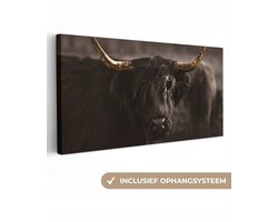 Canvas schilderij 200x100 cm - Wanddecoratie Schotse hooglander - Goud - Koebel - Hoorns - Dieren - Muurdecoratie woonkamer - Slaapkamer decoratie - Kamer accessoires - Schilderijen op canvas