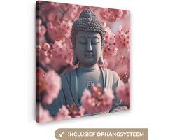 Canvas Schilderij 20x20 cm - Boeddha - Beeld - Sakura - Buddha - Kersenbloesem - Wanddecoratie - Muurdecoratie woonkamer - Kamer decoratie - Wanddoek binnen - Woonaccessoires