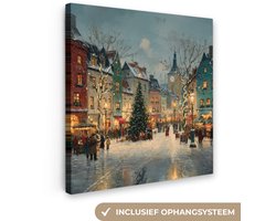 Canvas schilderij 20x20 cm - Exclusieve wanddecoratie Kerstsfeer - Stadsplein - Kleurrijk - Muurdecoratie woonkamer - Kamer decoratie - Schilderijen op canvas - Kerstdecoratie voor binnen - Kerstversiering - Kerstmis versiering
