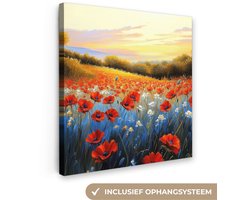 Canvas schilderij 20x20 cm - Exclusieve wanddecoratie Klaproos - Bloemenveld - Kleurrijk - Muurdecoratie woonkamer - Slaapkamer decoratie - Kamer accessoires - Schilderijen op canvas