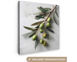 Canvas schilderij 20x20 cm - Exclusieve wanddecoratie Olijventak - Beton - Mediterraan - Muurdecoratie accessoires - Keuken decoratie muur - Schilderijen op canvas