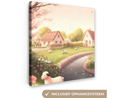 Canvas schilderij 20x20 cm - Exclusieve wanddecoratie Schapen - Huisje - Platteland - Muurdecoratie woonkamer - Slaapkamer decoratie - Kamer accessoires - Schilderijen op canvas