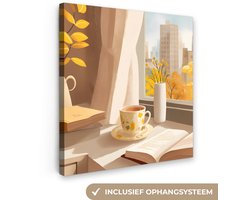 Canvas schilderij 20x20 cm - Exclusieve wanddecoratie Thee - Boek - Thee - Herfst - Muurdecoratie woonkamer - Slaapkamer decoratie - Kamer accessoires - Schilderijen op canvas