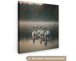 Canvas schilderij 20x20 cm - Exclusieve wanddecoratie Zwanen - Wit - Water - Mist - Muurdecoratie woonkamer - Slaapkamer decoratie - Kamer accessoires - Schilderijen op canvas