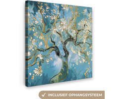Canvas schilderij 20x20 cm - Wanddecoratie Amandelbloesem boom - Blauw - Abstract - Muurdecoratie woonkamer - Slaapkamer decoratie - Kamer accessoires - Schilderijen op canvas
