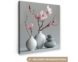 Canvas schilderij 20x20 cm - Wanddecoratie badkamer Magnolia - Bloemen - Roze - Zen stenen - Muurdecoratie WC - Decoratieve accessoires - Toilet muur decoratie - Schilderijen op canvas