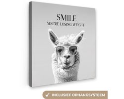 Canvas schilderij 20x20 cm - Wanddecoratie badkamer Quotes - Lama - Smile - Spreuken - Grijs - Muurdecoratie WC - Decoratieve accessoires - Toilet muur decoratie - Schilderijen op canvas