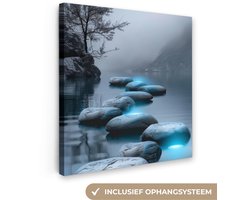 Canvas schilderij 20x20 cm - Wanddecoratie badkamer Stenen - Water - Bomen - Natuur - Muurdecoratie WC - Decoratieve accessoires - Toilet muur decoratie - Schilderijen op canvas