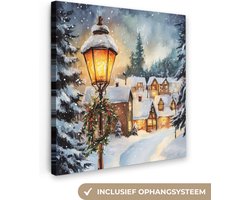 Canvas schilderij 20x20 cm - Wanddecoratie Kerstdorp - Huizen - Sneeuw - Kerst - Muurdecoratie woonkamer - Slaapkamer decoratie - Kamer accessoires - Schilderijen op canvas - Kerstdecoratie voor binnen - Kerstversiering - Kerstmis versiering