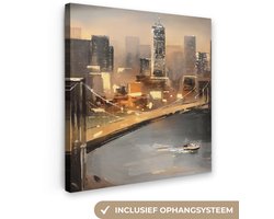 Canvas schilderij 20x20 cm - Wanddecoratie Schilderij - Olieverf - Skyline - Stad - Water - Muurdecoratie woonkamer - Slaapkamer decoratie - Kamer accessoires - Schilderijen op canvas
