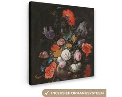Canvas schilderij 20x20 cm - Wanddecoratie Stilleven met bloemen en een horloge - Schilderij van Abraham Mignon - Muurdecoratie woonkamer - Slaapkamer decoratie - Kamer accessoires - Schilderijen op canvas